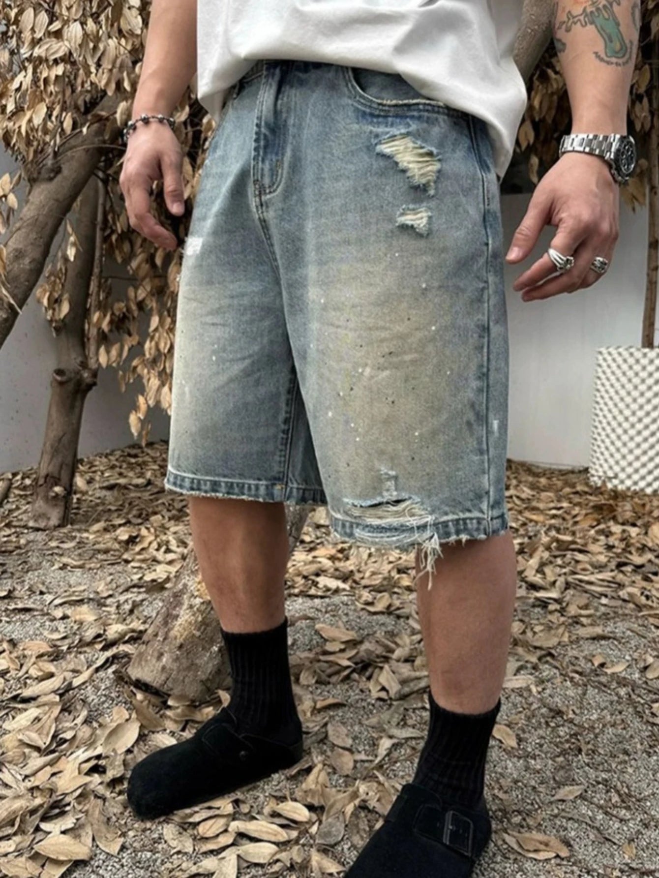 2026 New Summer Men's Denim Shorts, Trendy Streetwear Ripped Shorts, Loose Straight 5-Inch Mid-Length Shorts