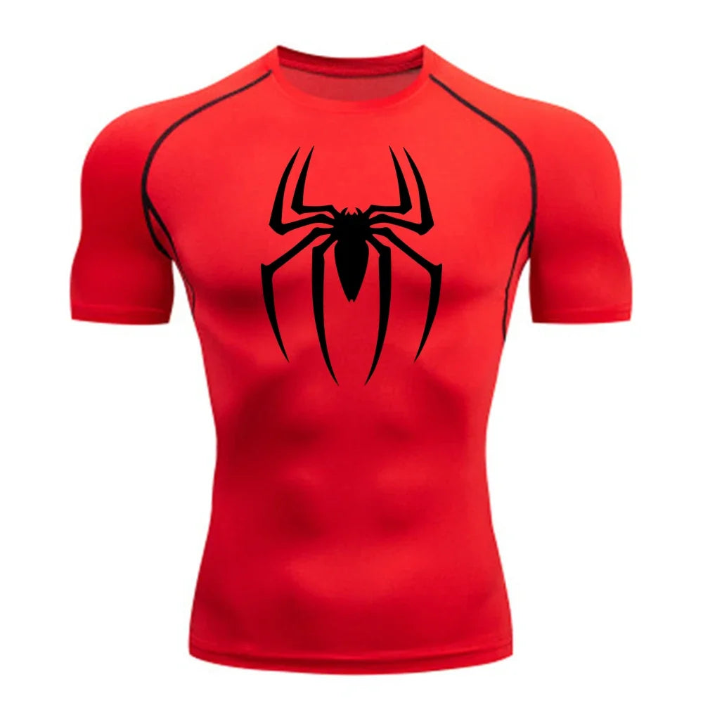 Men's Spider Print Compression Shirt, Quick Dry T-Shirt, Gym Running Jersey, Breathable Short Sleeve, Spring, Summer, M-3XL