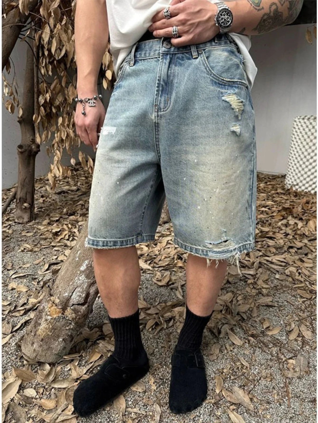 2026 New Summer Men's Denim Shorts, Trendy Streetwear Ripped Shorts, Loose Straight 5-Inch Mid-Length Shorts