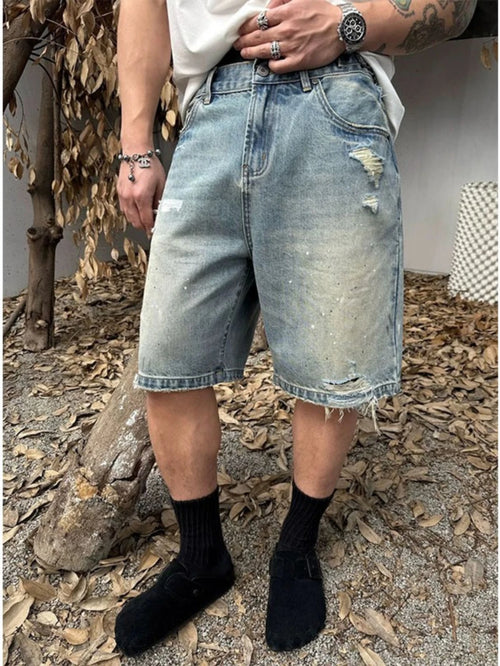 2026 New Summer Men's Denim Shorts, Trendy Streetwear Ripped Shorts, Loose Straight 5-Inch Mid-Length Shorts
