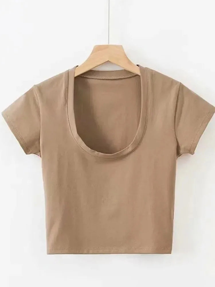 Women's U-Neck Crop Top High Waist Slim Fit T-Shirt