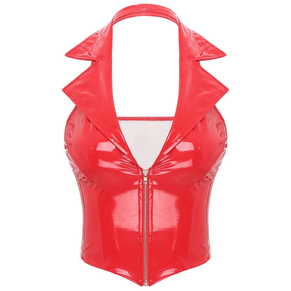 Womens Glossy Patent Leather Latex Vest Tops Rave Outfit Clubwear Glossy Corset Waistcoat Notch Lapel Slim Fit Camisole Crop Top