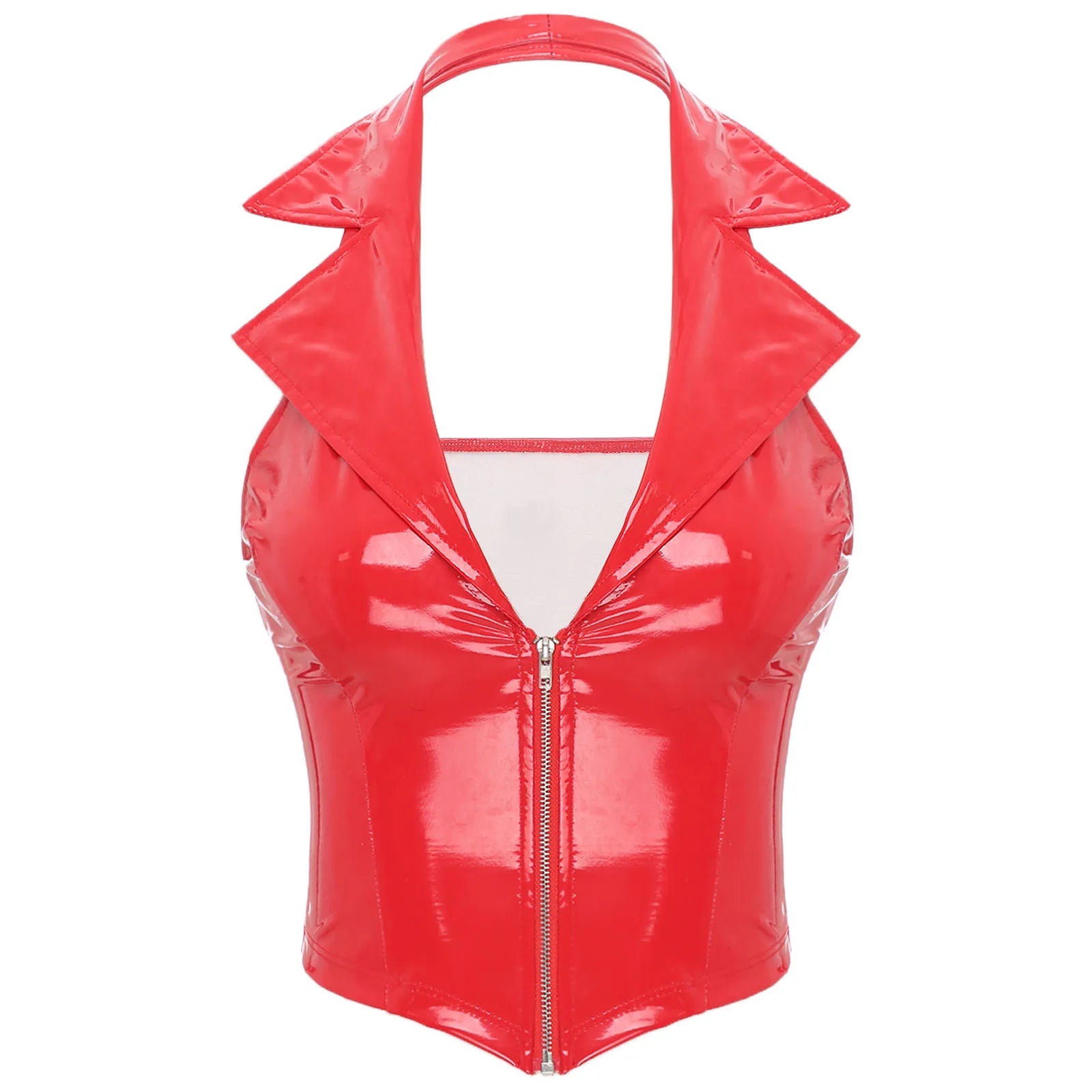 Womens Glossy Patent Leather Latex Vest Tops Rave Outfit Clubwear Glossy Corset Waistcoat Notch Lapel Slim Fit Camisole Crop Top