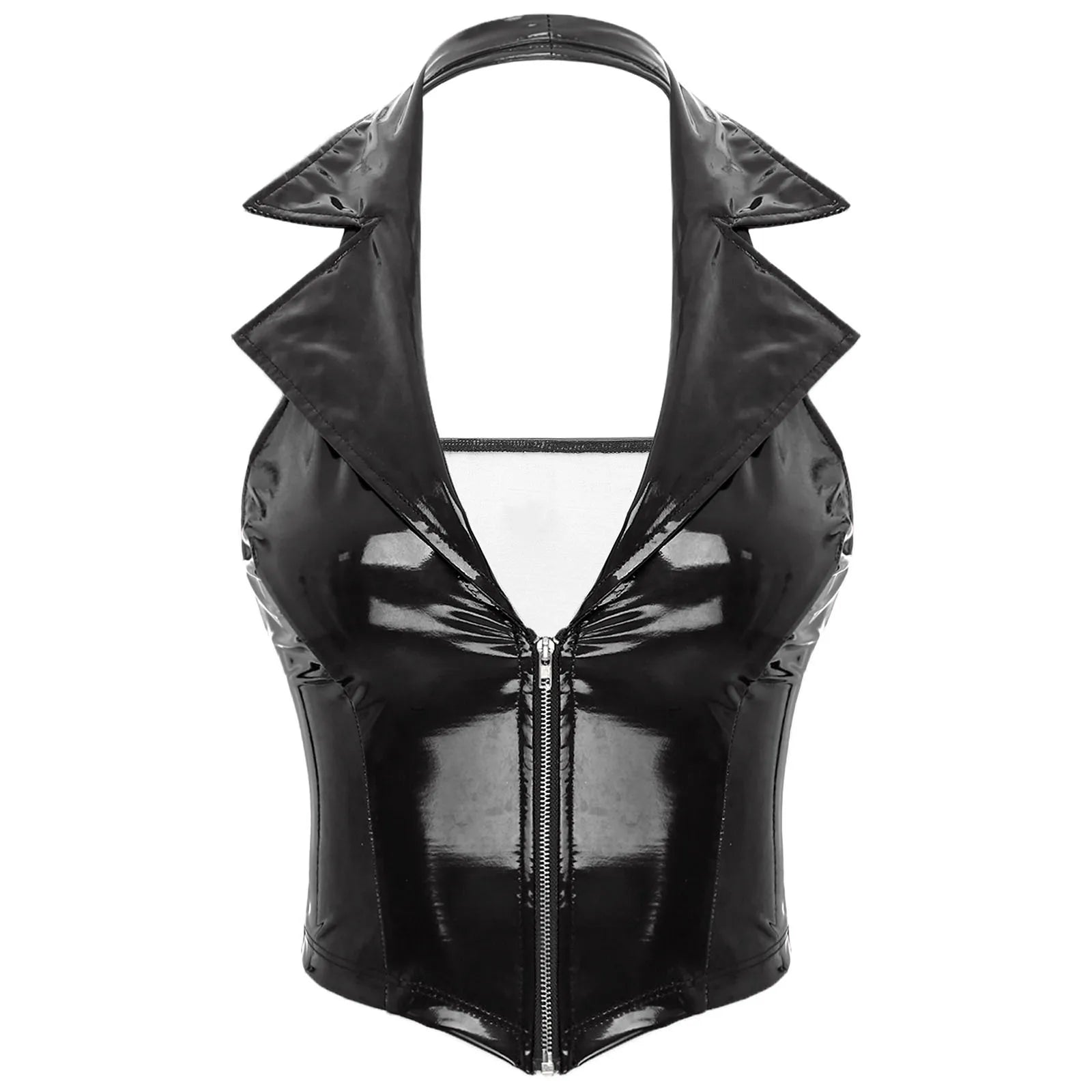 Womens Glossy Patent Leather Latex Vest Tops Rave Outfit Clubwear Glossy Corset Waistcoat Notch Lapel Slim Fit Camisole Crop Top