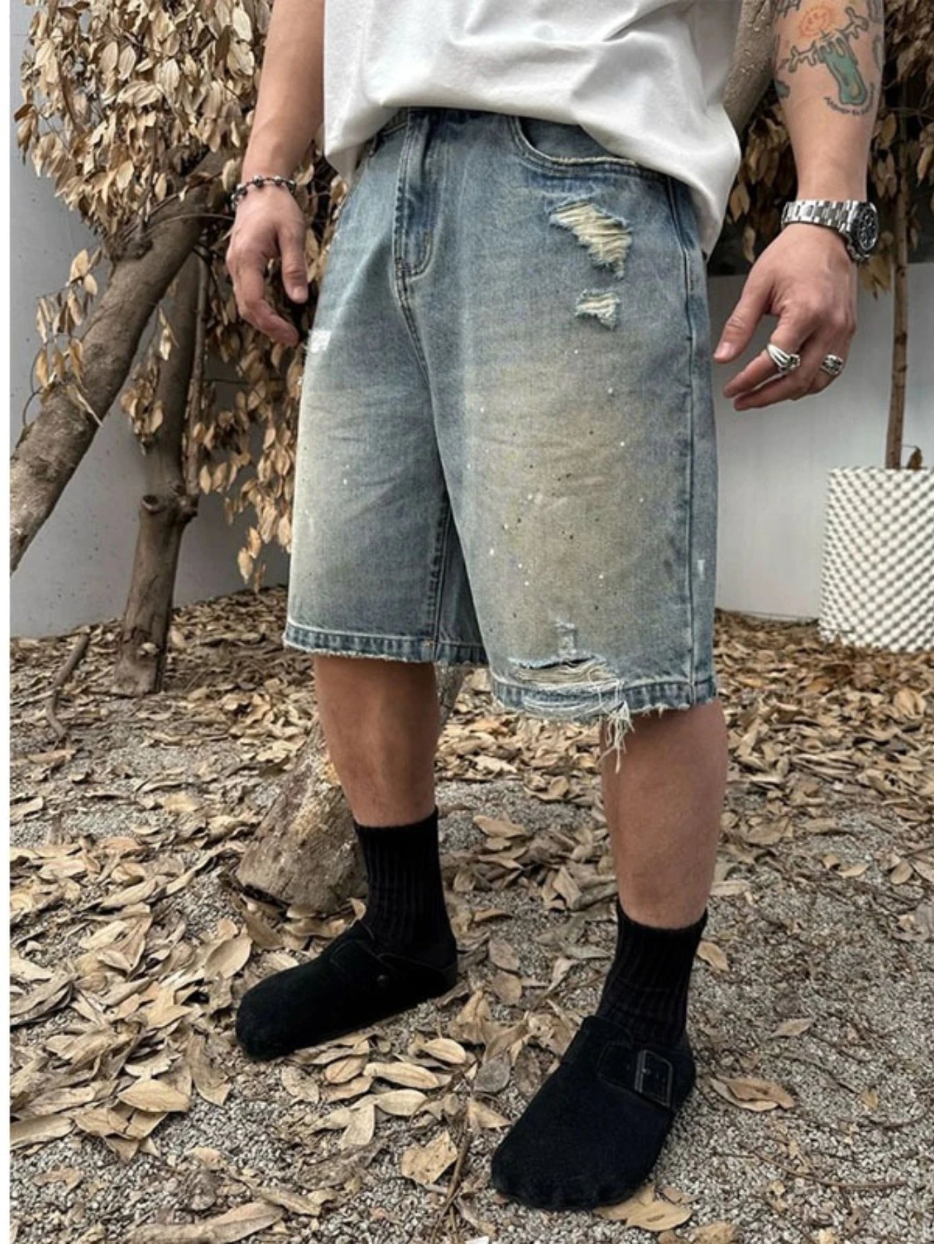2026 New Summer Men's Denim Shorts, Trendy Streetwear Ripped Shorts, Loose Straight 5-Inch Mid-Length Shorts