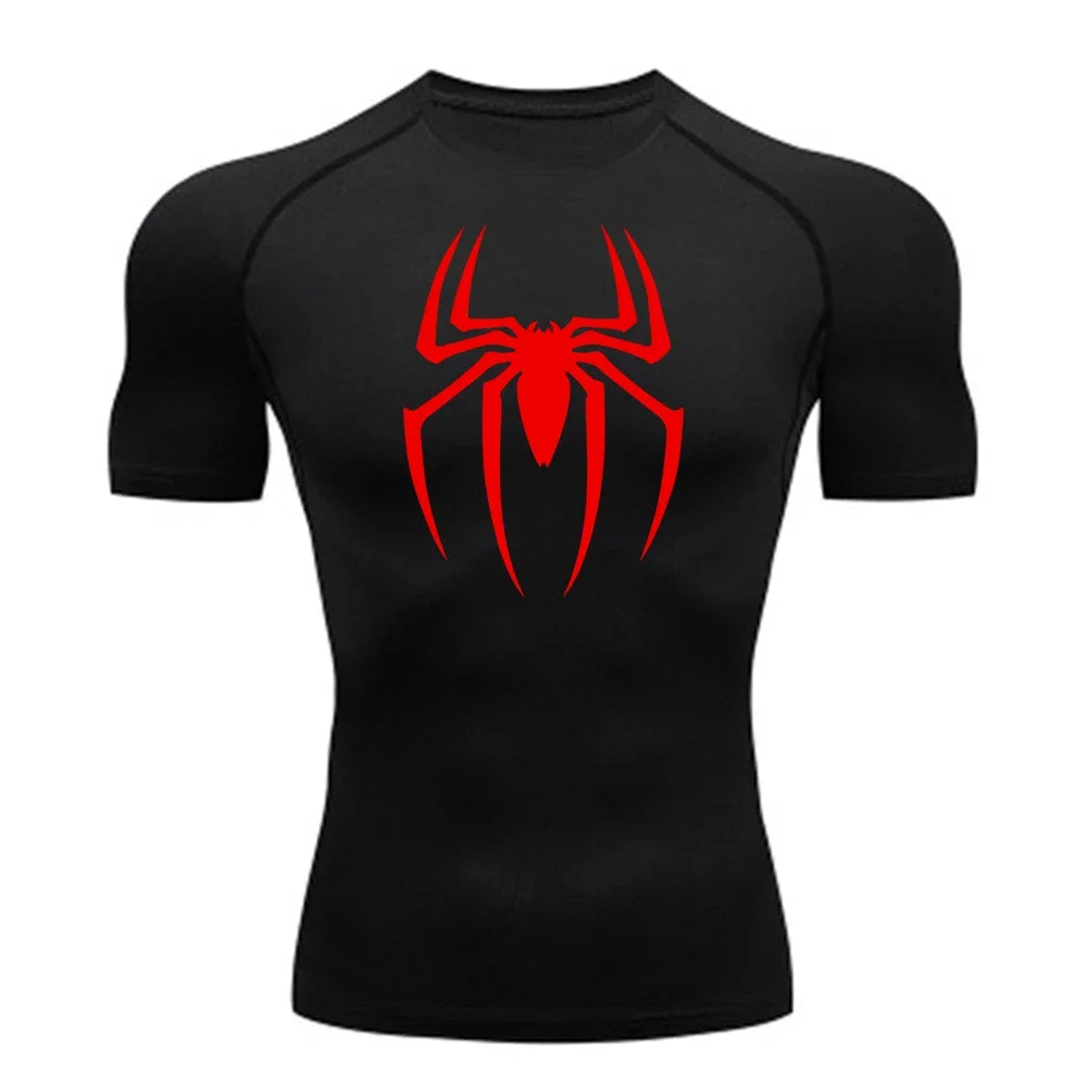 Men's Spider Print Compression Shirt, Quick Dry T-Shirt, Gym Running Jersey, Breathable Short Sleeve, Spring, Summer, M-3XL