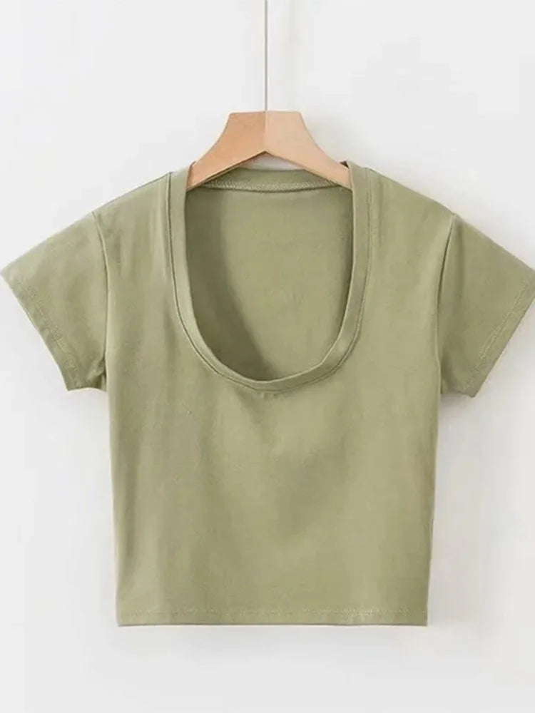 Women's U-Neck Crop Top High Waist Slim Fit T-Shirt