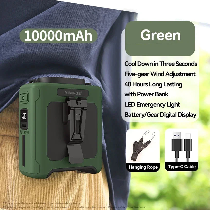10000mAh Waist Fan 5 Speeds Light Portable Waist Fan 40H Hands-Free Cool All Summer Wearable Neck Fan For Work Travel