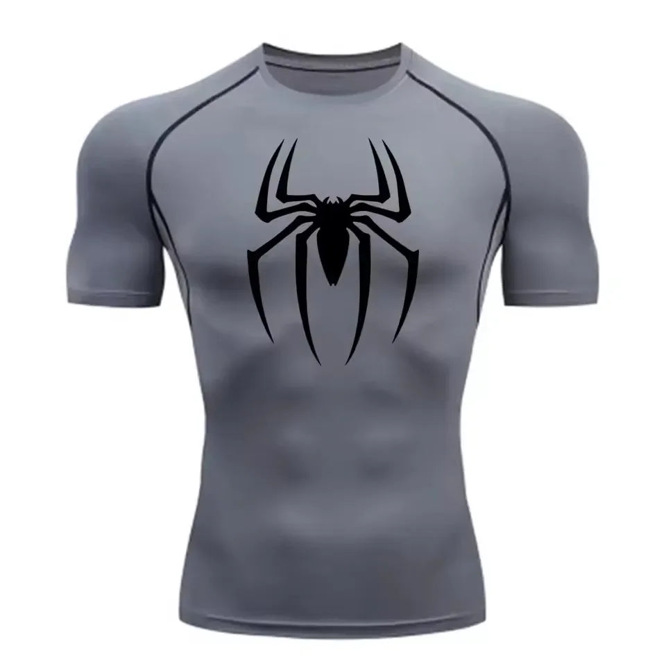 Men's Spider Print Compression Shirt, Quick Dry T-Shirt, Gym Running Jersey, Breathable Short Sleeve, Spring, Summer, M-3XL