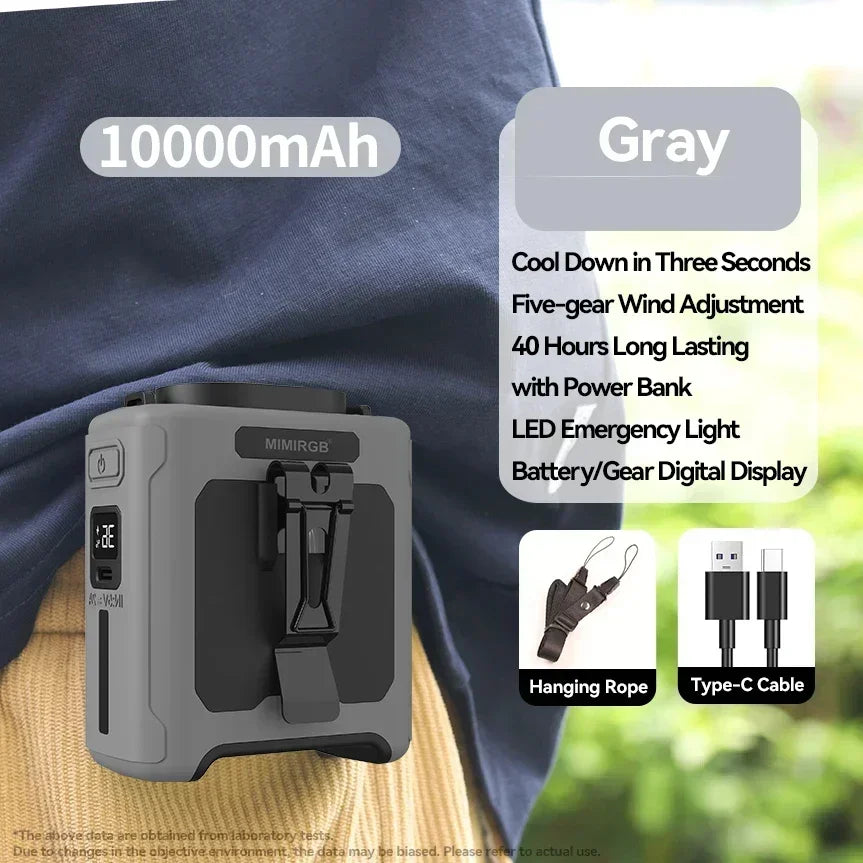 10000mAh Waist Fan 5 Speeds Light Portable Waist Fan 40H Hands-Free Cool All Summer Wearable Neck Fan For Work Travel