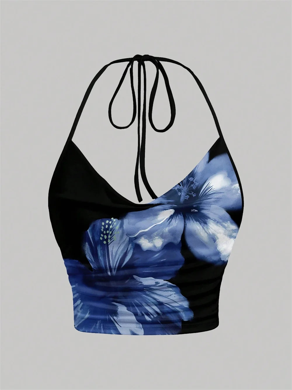 Tie-dye Floral Print Halter Top for Women Summer Y2K Clothes Sexy Backless Drape V-neck Crop Top Streetwear