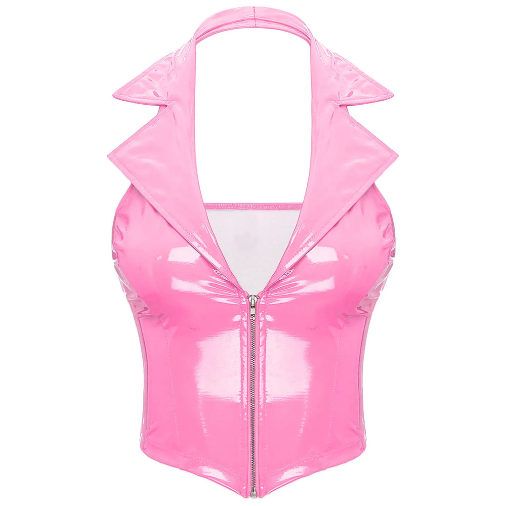 Womens Glossy Patent Leather Latex Vest Tops Rave Outfit Clubwear Glossy Corset Waistcoat Notch Lapel Slim Fit Camisole Crop Top