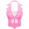 Womens Glossy Patent Leather Latex Vest Tops Rave Outfit Clubwear Glossy Corset Waistcoat Notch Lapel Slim Fit Camisole Crop Top