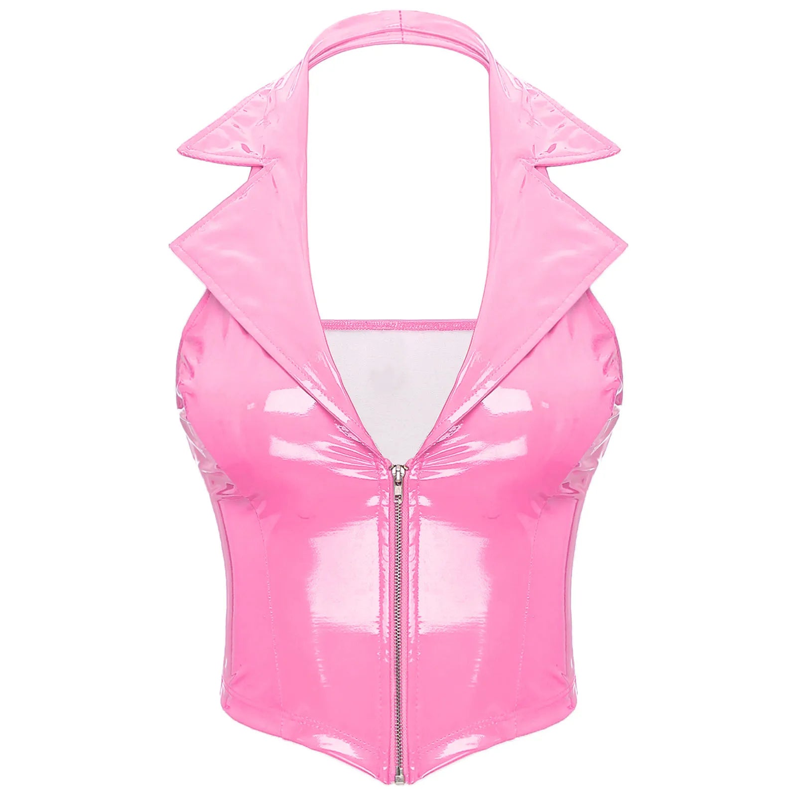 Womens Glossy Patent Leather Latex Vest Tops Rave Outfit Clubwear Glossy Corset Waistcoat Notch Lapel Slim Fit Camisole Crop Top