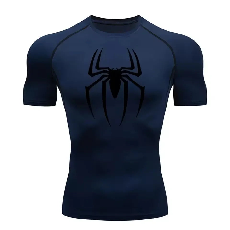 Men's Spider Print Compression Shirt, Quick Dry T-Shirt, Gym Running Jersey, Breathable Short Sleeve, Spring, Summer, M-3XL