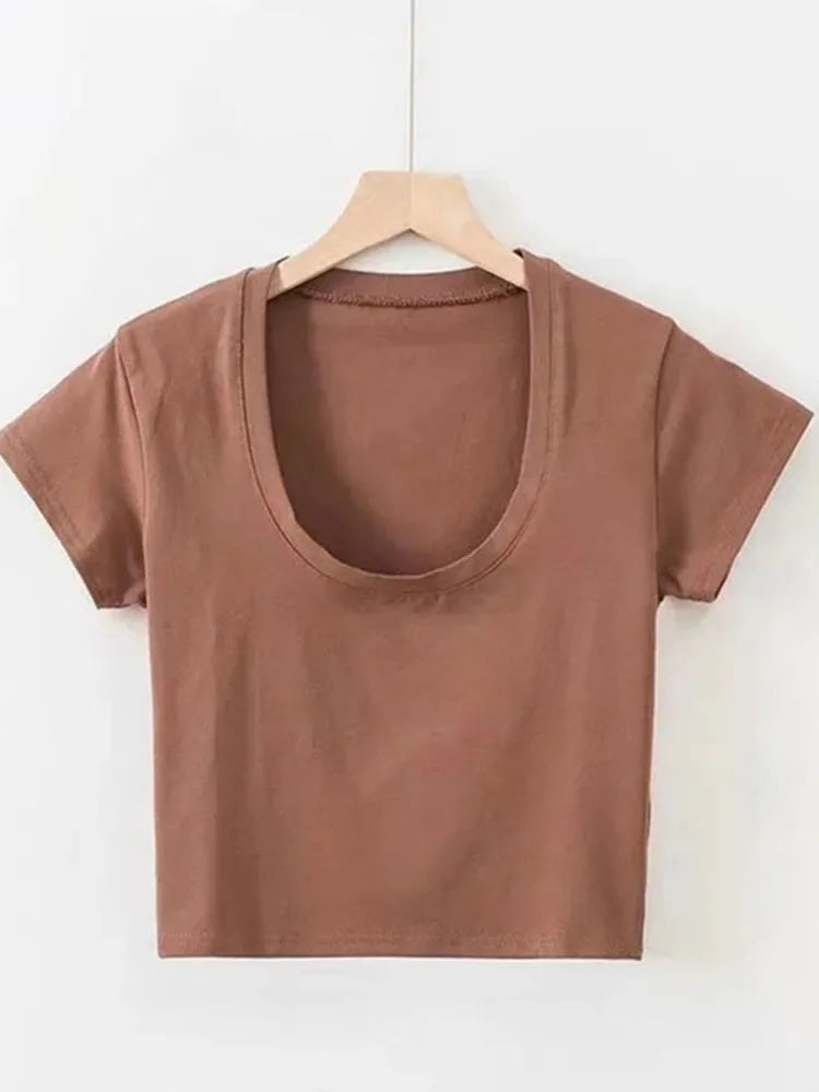 Women's U-Neck Crop Top High Waist Slim Fit T-Shirt