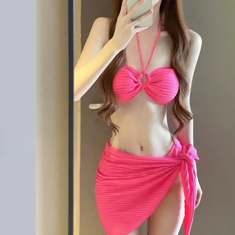Bikini Fashion Swimsuit Ins Three Piece Set for Women Beach Vacation Triangle Sexy and High-end White and Red Swimsuit for Women