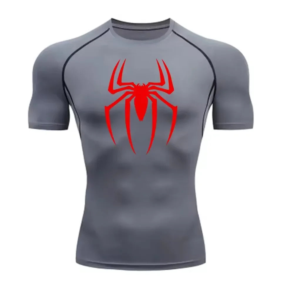 Men's Spider Print Compression Shirt, Quick Dry T-Shirt, Gym Running Jersey, Breathable Short Sleeve, Spring, Summer, M-3XL