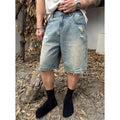 2026 New Summer Men's Denim Shorts, Trendy Streetwear Ripped Shorts, Loose Straight 5-Inch Mid-Length Shorts