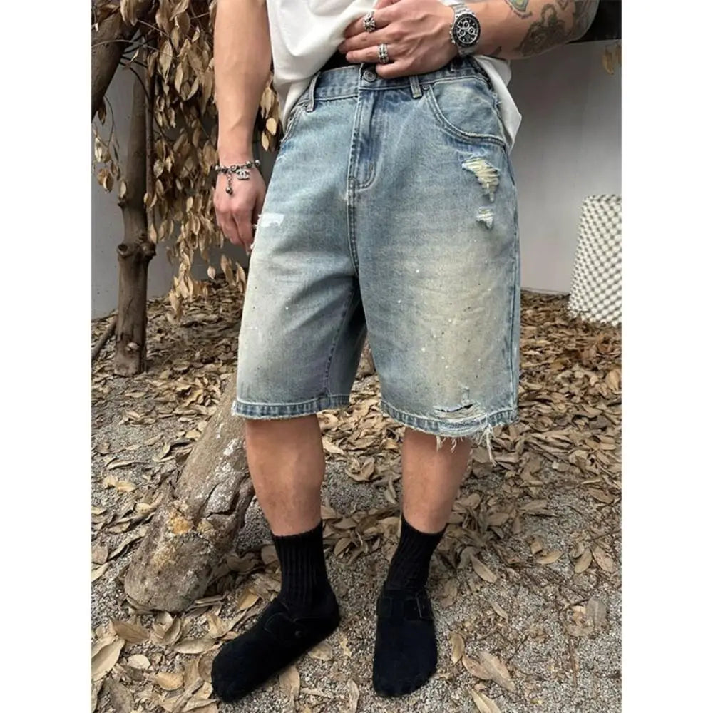 2026 New Summer Men's Denim Shorts, Trendy Streetwear Ripped Shorts, Loose Straight 5-Inch Mid-Length Shorts