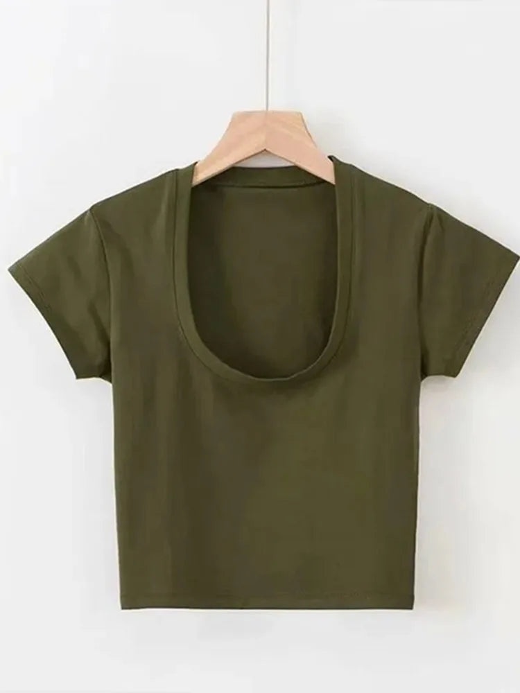 Women's U-Neck Crop Top High Waist Slim Fit T-Shirt