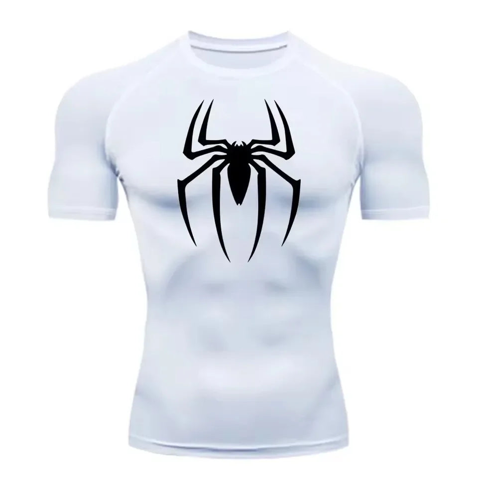 Men's Spider Print Compression Shirt, Quick Dry T-Shirt, Gym Running Jersey, Breathable Short Sleeve, Spring, Summer, M-3XL