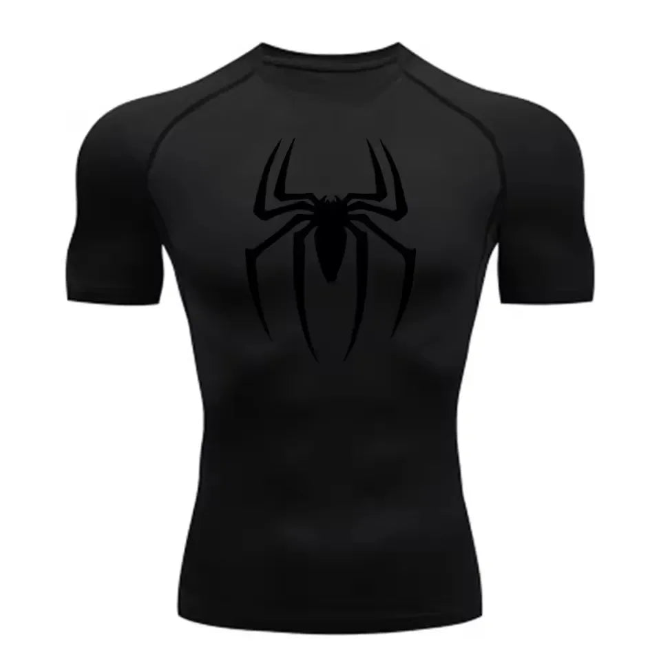 Men's Spider Print Compression Shirt, Quick Dry T-Shirt, Gym Running Jersey, Breathable Short Sleeve, Spring, Summer, M-3XL