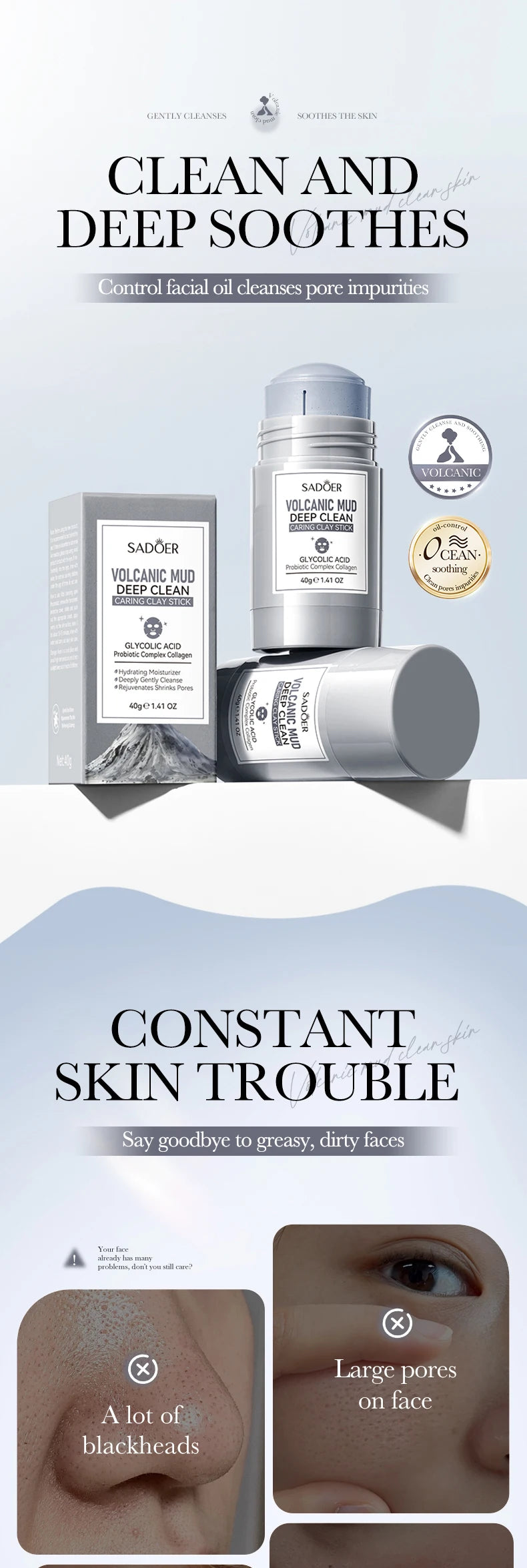 SADOER Volcanic Sea Mud Face Masks Stick Moisturizing Anti-aging Removal Blackhead Anti-aging Clay Facial Masks Skin Care