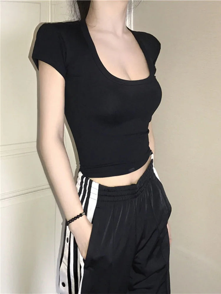U-Neck Crop Top Solid Color Women Casual High Waist T Shirt Basic Sexy Streetwear Short Sleeve Slimming