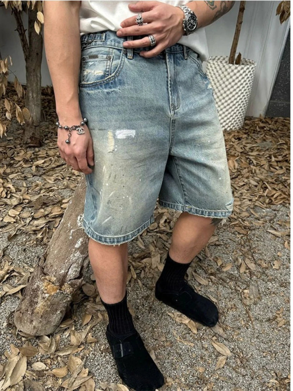 2026 New Summer Men's Denim Shorts, Trendy Streetwear Ripped Shorts, Loose Straight 5-Inch Mid-Length Shorts