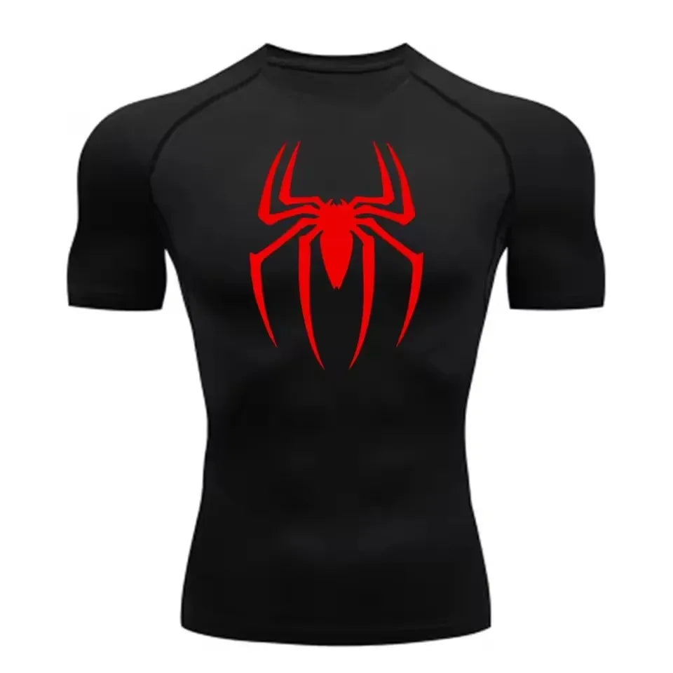 Men's Spider Print Compression Shirt, Quick Dry T-Shirt, Gym Running Jersey, Breathable Short Sleeve, Spring, Summer, M-3XL