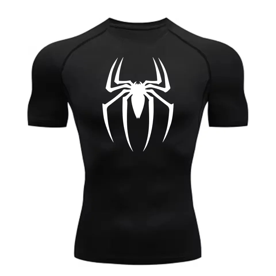 Men's Spider Print Compression Shirt, Quick Dry T-Shirt, Gym Running Jersey, Breathable Short Sleeve, Spring, Summer, M-3XL
